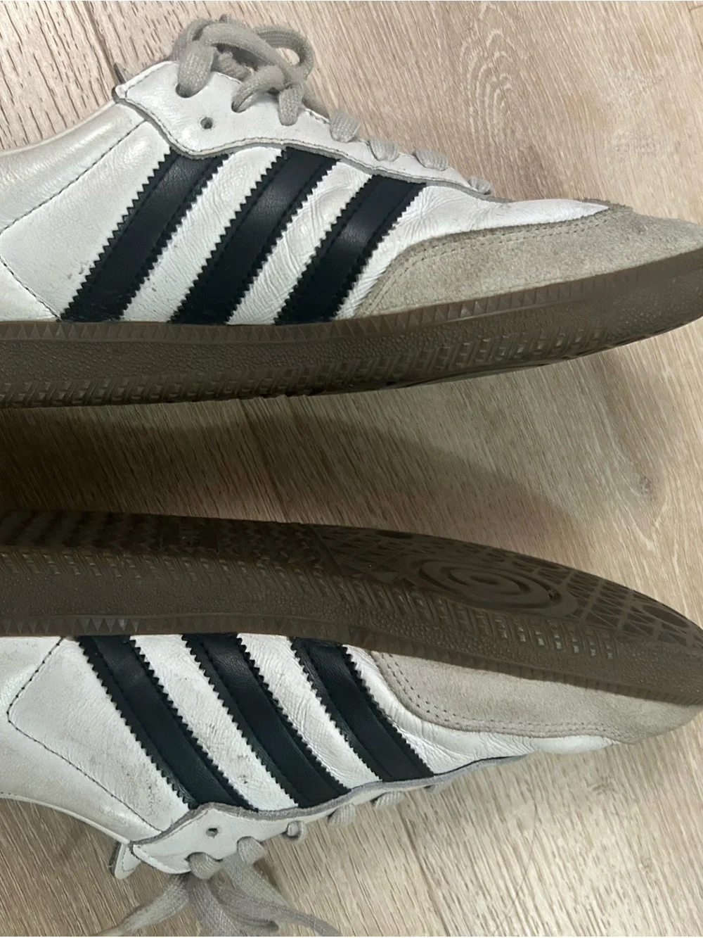 adidas samba woman White Sneakers with Black Stripes and Gray Suede Accents